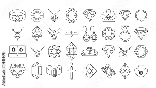 Linear jewelry icons. Outlined gemstone rings, crystal earrings, diamond necklaces and luxury geometric gems. Elegant line art precious stones and accessories vector set with editable stroke paths.