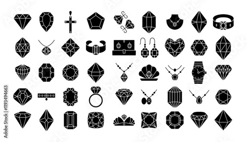 Stencil jewelry icons. Geometric diamond and gemstone shapes, wedding rings, luxury necklaces, bracelets and earrings. Gems and accessories minimalist vector set.
