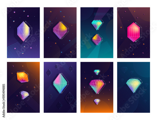 Abstract diamond posters. Geometric polygonal crystal gemstones backgrounds with diamond shapes wireframes. Futuristic jewelry cards vector set.