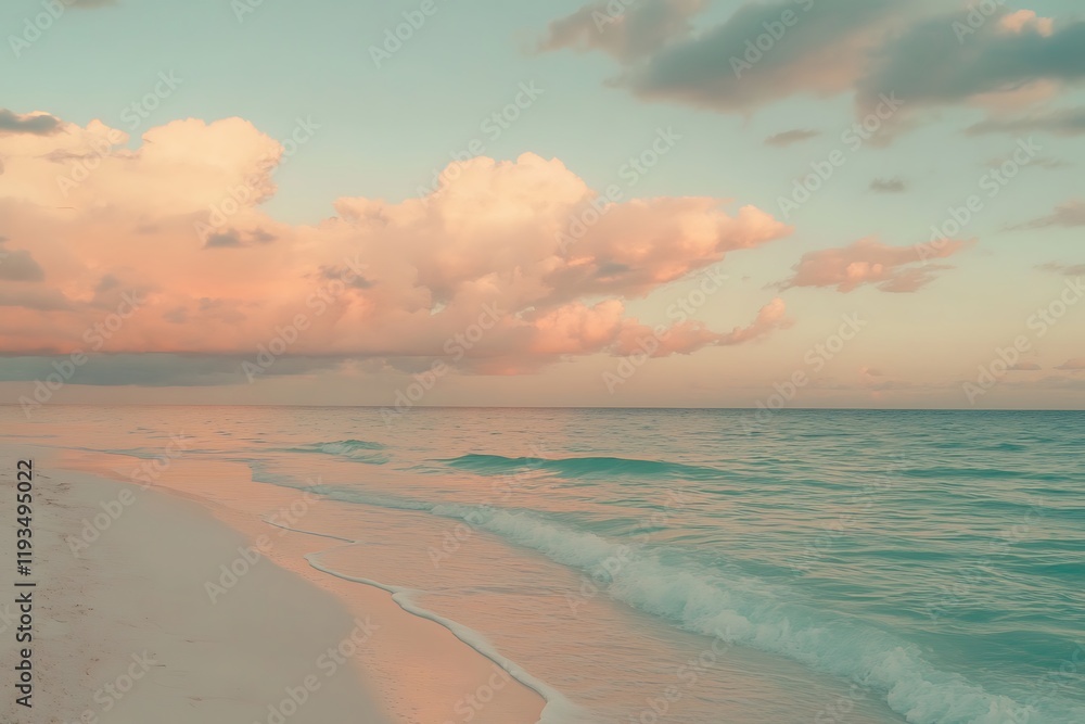 Fototapeta premium Serene Sunset Beach Scene with Pastel Clouds