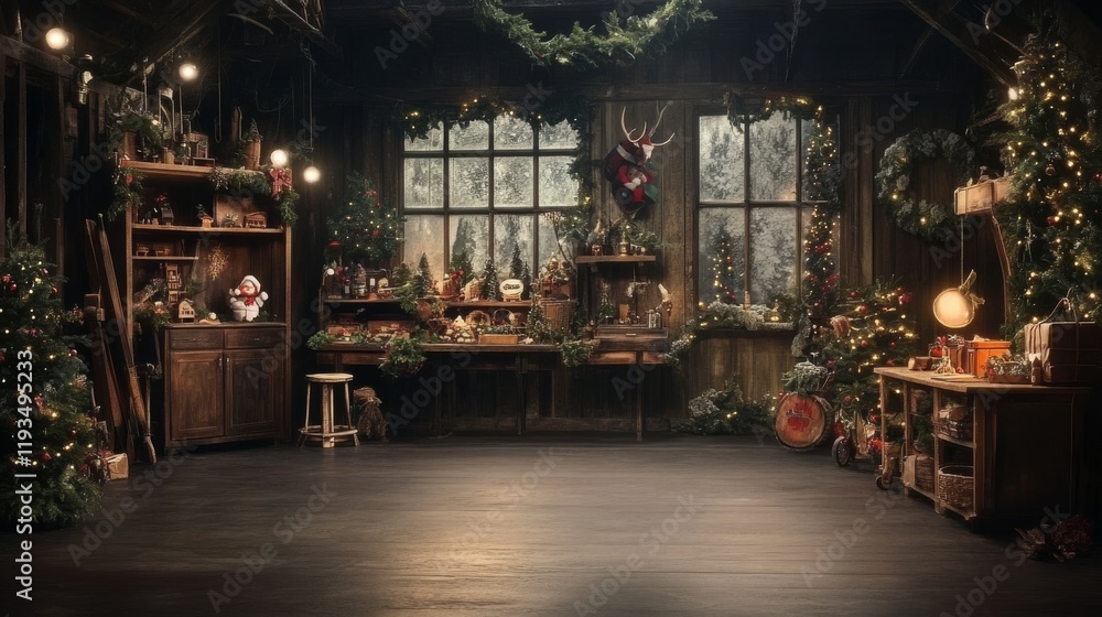 Naklejka premium A Festive Workshop Scene with Christmas Decor, Wooden Elements, and a Cozy Atmosphere, Christmas Decor, Workshop, Festive, Christmas