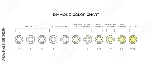 Diamond color chart. Jewelry guide of diamond coloration spectrum, showcasing color quality and grading scale. Classifications from colorless to yellow vector infographic poster.