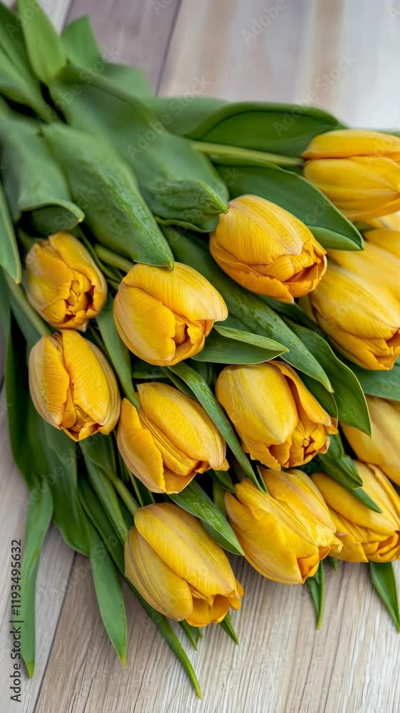 This stunning display features a bouquet of bright yellow tulips laid out elegantly on a light wooden surface, capturing the essence of spring with their fresh appearance and lively color This stunning display features a bouquet of bright yellow tulips laid out elegantly on a light wooden surface, capturing the essence of spring with their fresh appearance and lively color