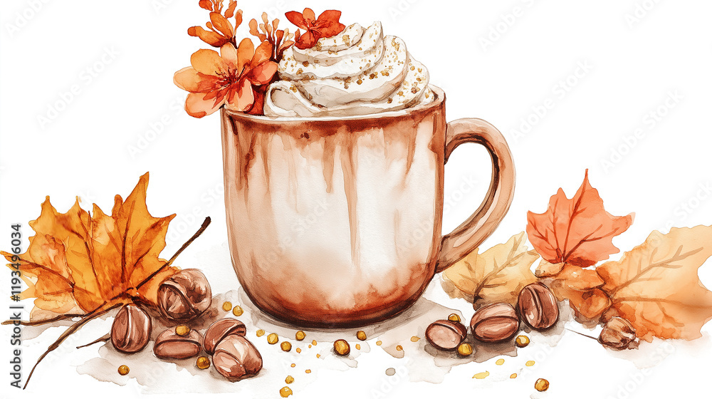 Watercolor png clipart Autumn-themed Hot Cocoa with Whipped Cream and Flowers isolated on a transparent or white background Watercolor png clipart Autumn-themed Hot Cocoa with Whipped Cream and Flowers isolated on a transparent or white background