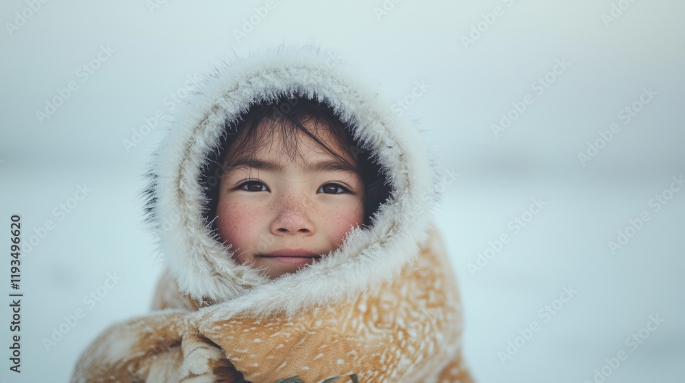 An Inuit boy smiles warmly as he wraps himself in a furry hood in front of a snowy landscape during winter. Generative artificial intelligence An Inuit boy smiles warmly as he wraps himself in a furry hood in front of a snowy landscape during winter. Generative artificial intelligence