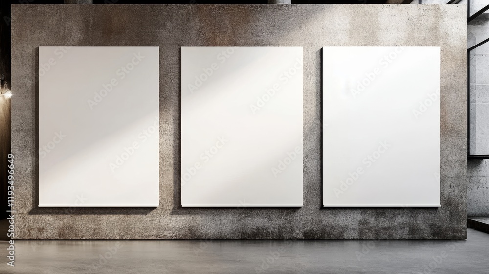 Fototapeta premium Three Blank Canvases on Concrete Wall, 3D Rendering, Mockup, Presentation, Art Gallery, Interior Design, Exhibition Space