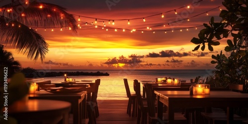Wallpaper Mural Sunset Dinner on the Beach, Palm Tree, String Lights, Candlelight, Ocean, Beach Restaurant, Romantic Torontodigital.ca