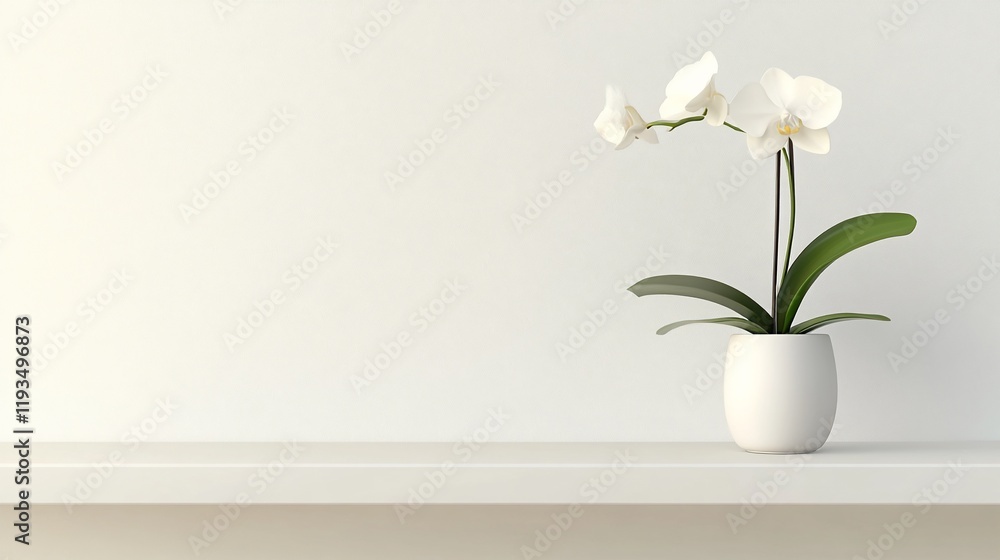 White Orchid in a Simple White Pot on a Shelf White Orchid in a Simple White Pot on a Shelf