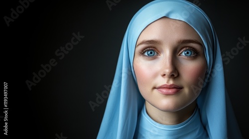 Young Woman in Blue Headscarf with Striking Blue Eyes and Soft Smile