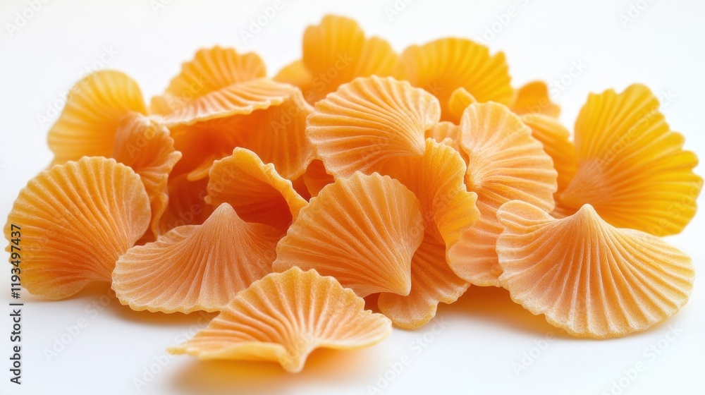 Pile of Vibrant Orange Shells with Detailed Textures on White Background Pile of Vibrant Orange Shells with Detailed Textures on White Background