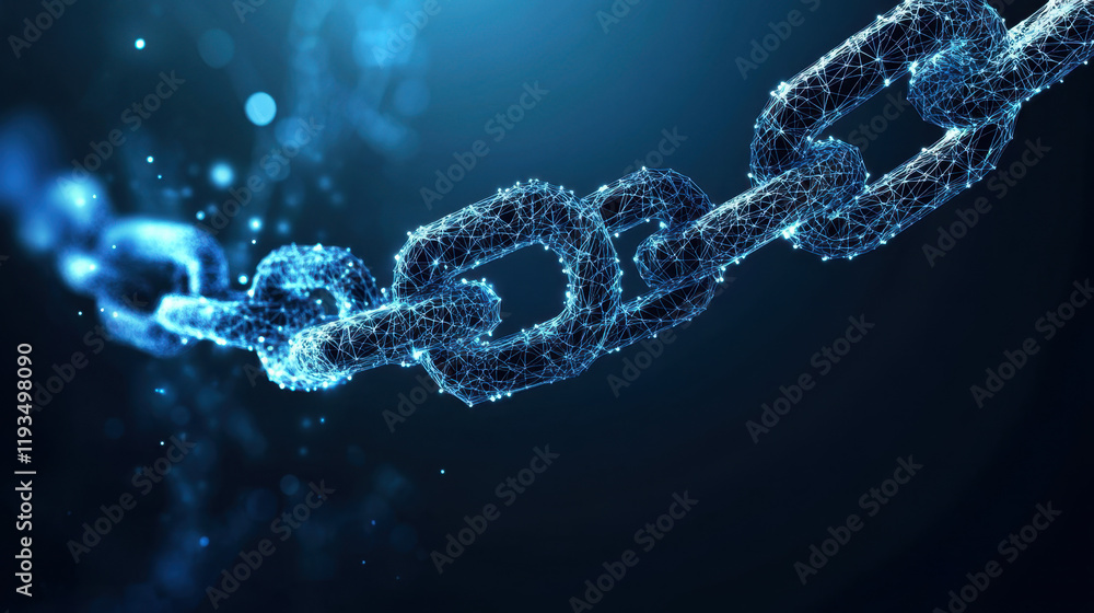 A series of interconnected chain links composed of glowing particles against a dark background illustrates the concept of digital connectivity and security in technology. A series of interconnected chain links composed of glowing particles against a dark background illustrates the concept of digital connectivity and security in technology.
