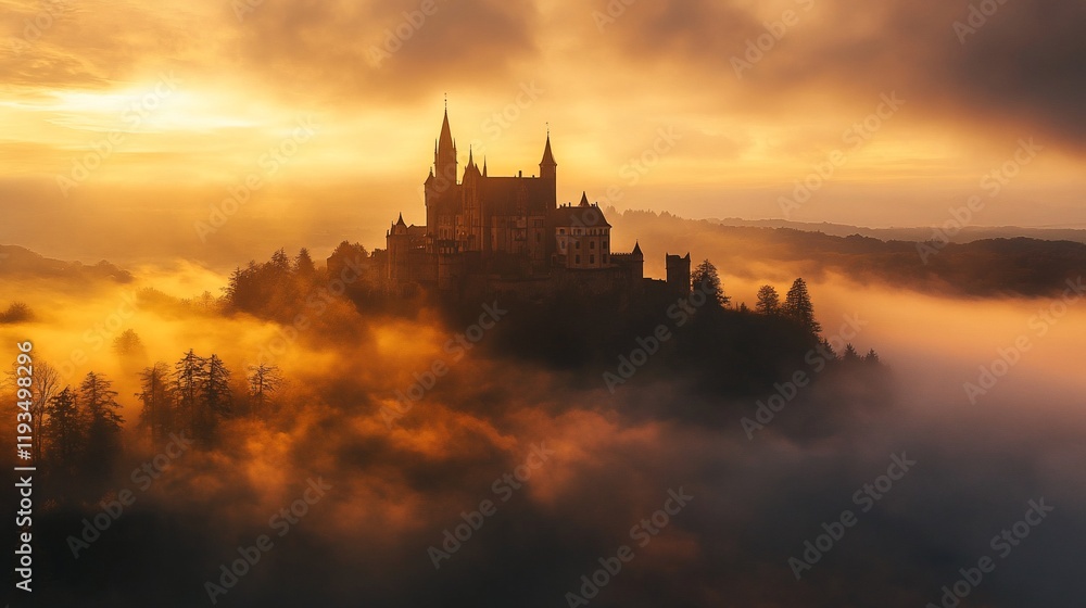 Majestic Castle Enveloped in Golden Sunrise Mist Majestic Castle Enveloped in Golden Sunrise Mist