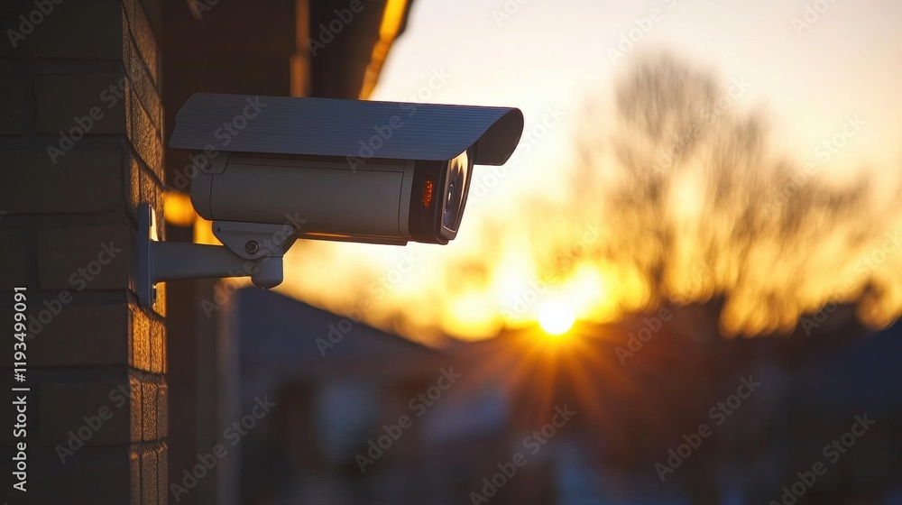 Security Camera Monitoring Sunset in Urban Setting at Dusk Security Camera Monitoring Sunset in Urban Setting at Dusk