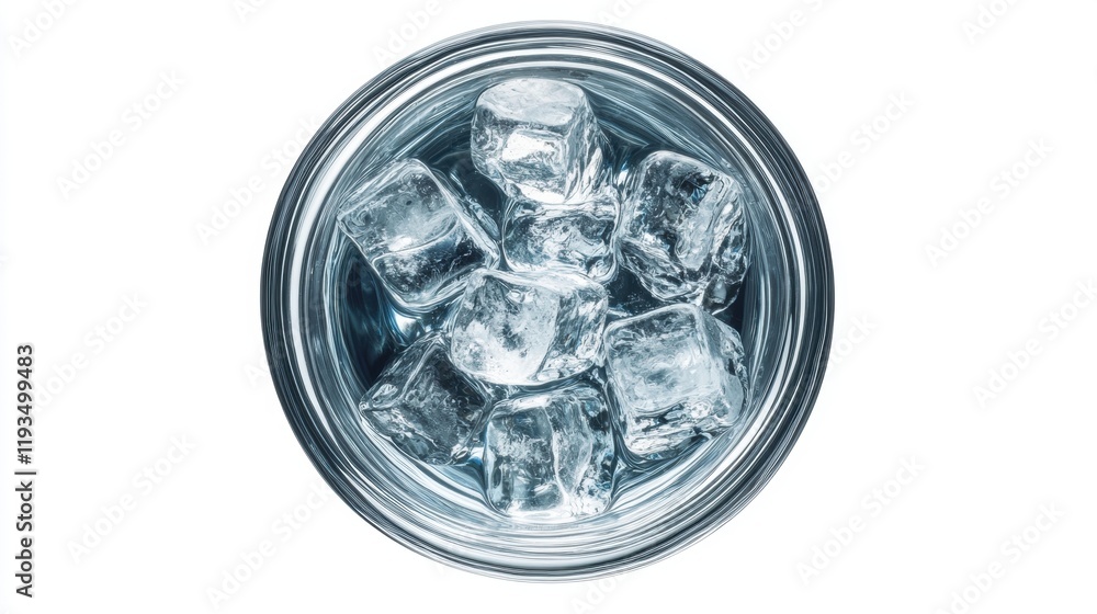 Ice Cubes in Clear Glass Bowl Filled with Fresh Water Overhead View Ice Cubes in Clear Glass Bowl Filled with Fresh Water Overhead View