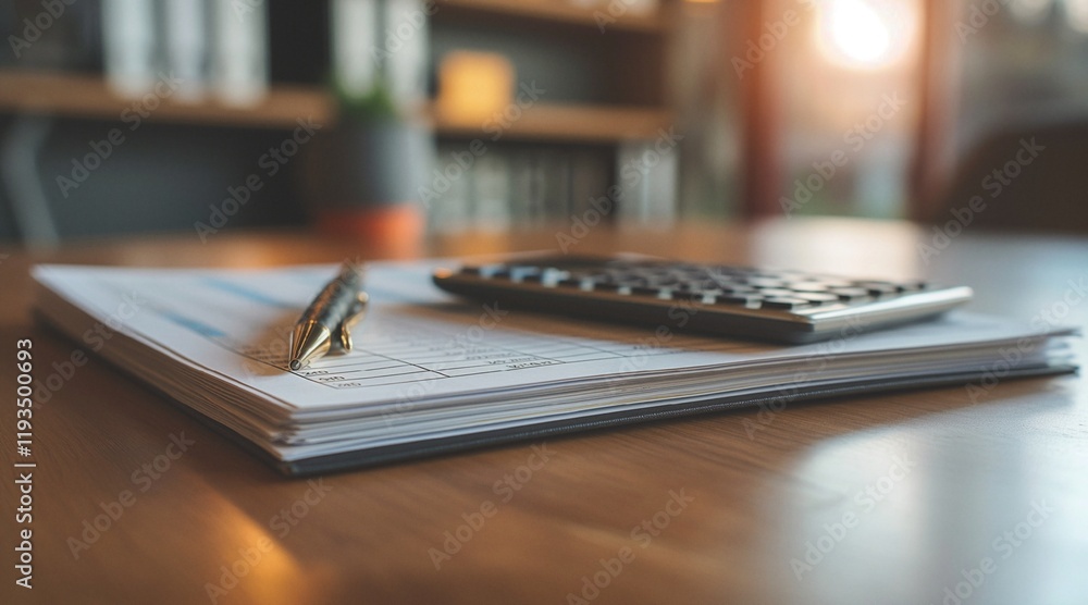 Fototapeta premium Financial Documents and Calculator on Desk in Sunlit Office Environment