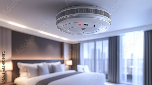 Modern smoke detector installed in a hotel bedroom