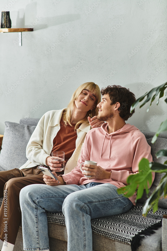 Obraz premium Two men sit together on a couch, sharing drinks and smiles in a warm, inviting space.