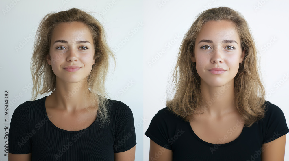 Before and after hair styling comparison with blonde woman. Beauty salon advertisement Before and after hair styling comparison with blonde woman. Beauty salon advertisement