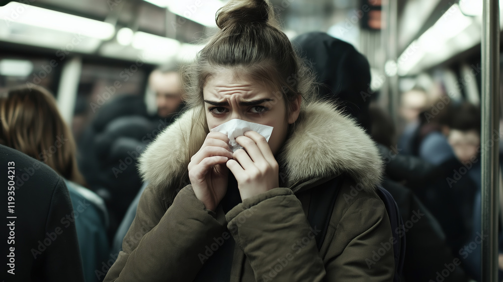 Woman in winter coat with tissue in subway train. Public health and infection prevention concept