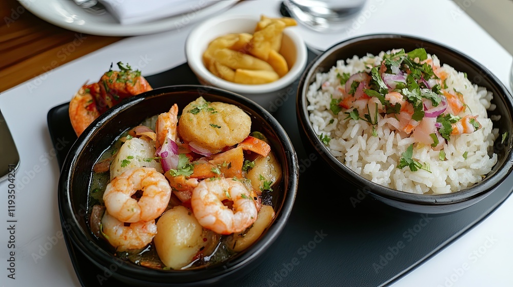 Peruvian seafood trio: ceviche, chicharrón mixto, and rice with seafood. Peruvian seafood trio: ceviche, chicharrón mixto, and rice with seafood.