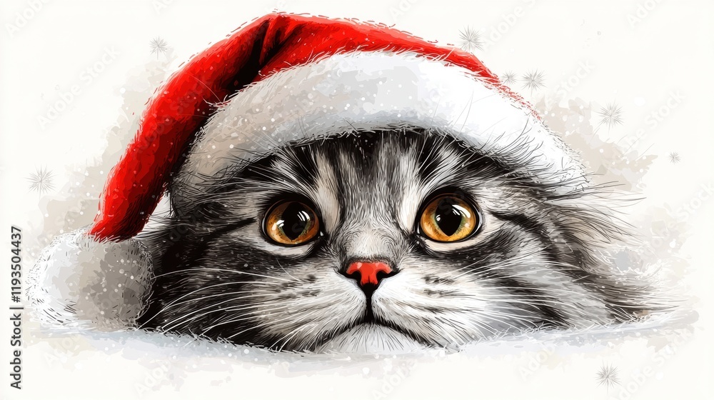 Adorable Cat with Santa Hat on a Wintery Background Adorable Cat with Santa Hat on a Wintery Background