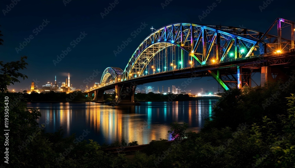 Naklejka premium A large metal bridge, Santo Spirito, during sunset, casting long shadows on the ground, with warm orange and pink hues in the sky.