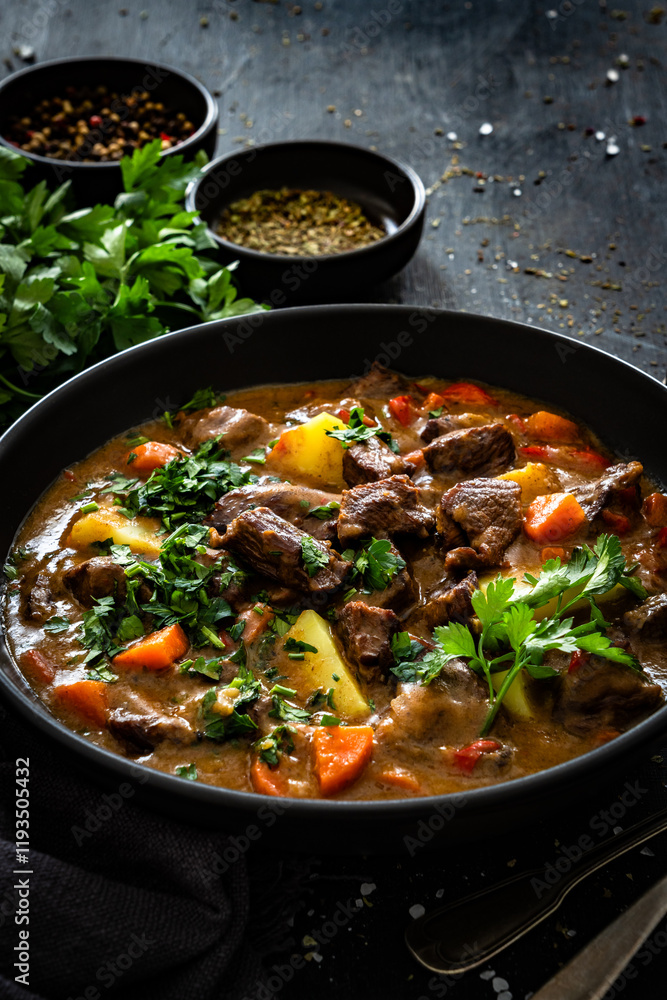 Beef stew with vegetables and potatoes on black table Beef stew with vegetables and potatoes on black table