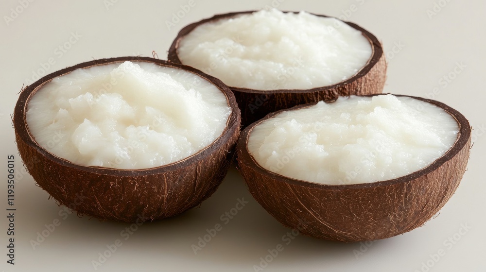 Fresh Coconut Cream in Halved Coconut Shells on Neutral Background Fresh Coconut Cream in Halved Coconut Shells on Neutral Background