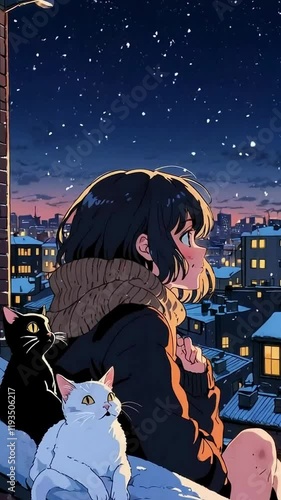 anime girl under snow falling, lofi, snow falling, 4K resolution, peaceful, plant, night, sound, music, 4K Lofi Japanese Anime-style background animation video, christmas lofi, snow falling ambient	