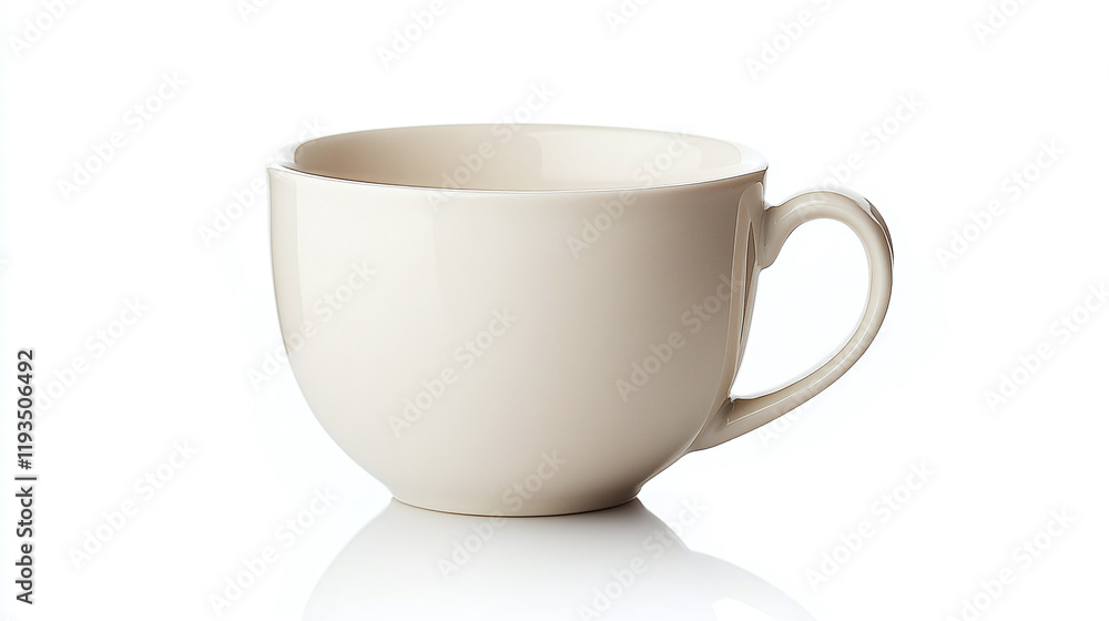 Closeup front view of white shiny reflection ceramic mug or cup isolated on white background. coffee tea drink beverage container object, porcelain kitchen utensil handle, blank, empty. Closeup front view of white shiny reflection ceramic mug or cup isolated on white background. coffee tea drink beverage container object, porcelain kitchen utensil handle, blank, empty.