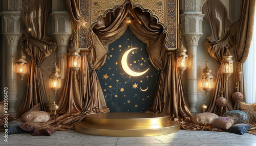 Ramadan product display podium background, Arabian nights, golden podium, rich silk fabrics, lanterns, ornate archway with crescent and star motifs, luxurious Arabian feel, ad, podium platform