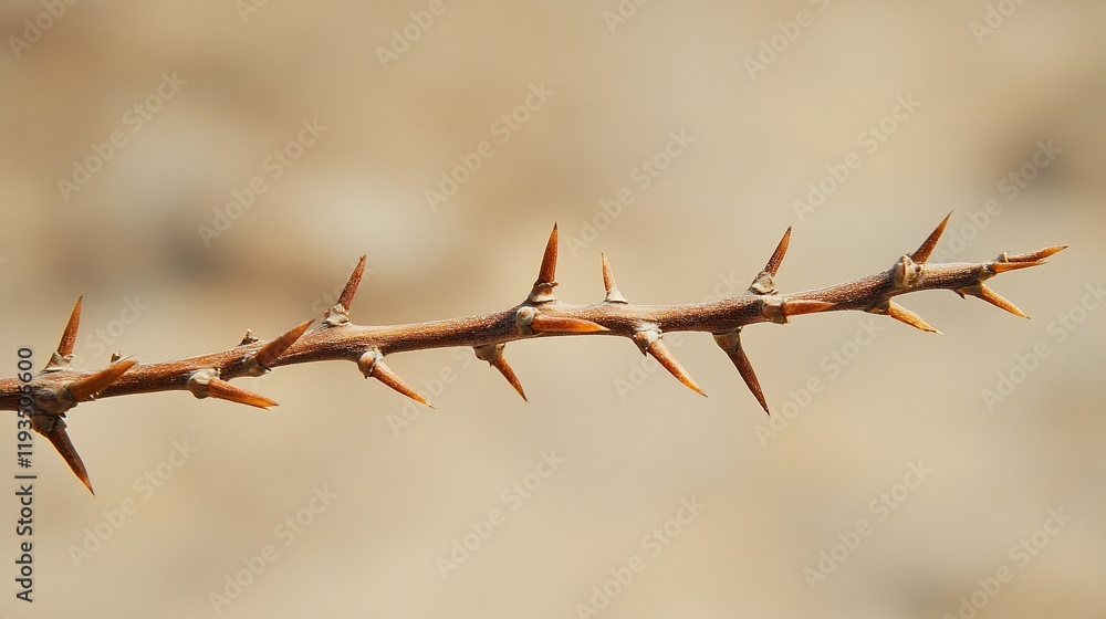 Thorny branch with sharp pointed spikes against a blurred background Thorny branch with sharp pointed spikes against a blurred background