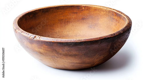 Closeup of empty handmade brown wooden bowl, round circle object for cooking and food isolated on white background. vintage retro traditional kitchen tableware or dishware.