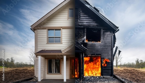 Home Fire Damage Before and After - Before & after of a house fire, symbolizing loss, destruction, recovery, resilience, and rebuilding. photo