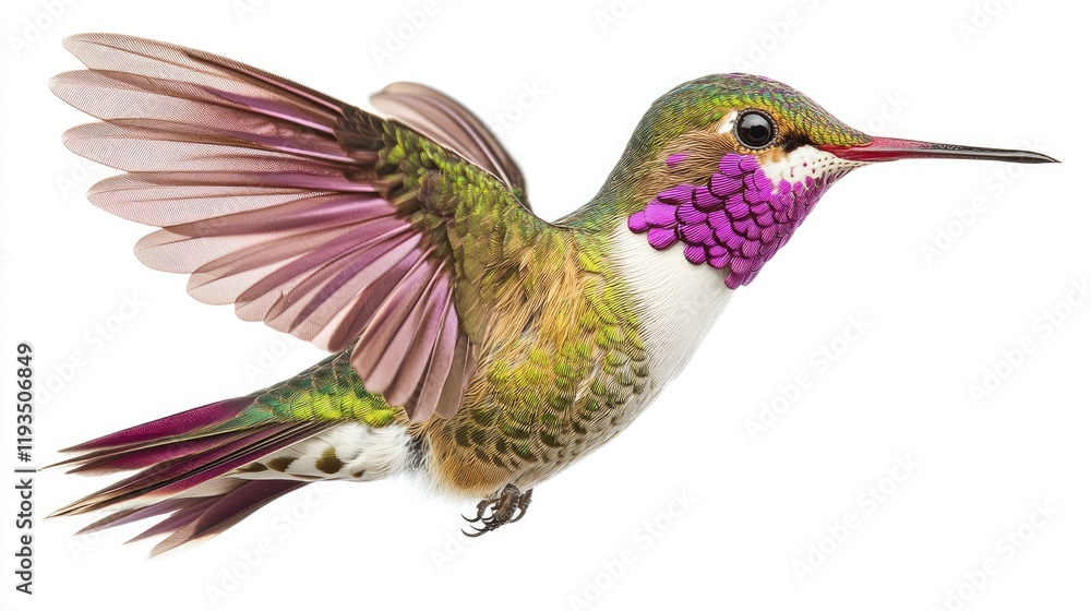 Fototapeta premium Vibrant Hummingbird in Flight with Iridescent Feathers Against a Clean White Background