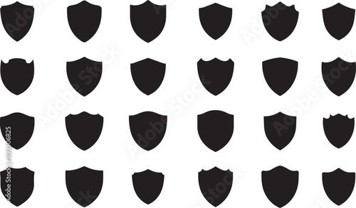 Shield icon. Heraldic shield set. Black knight award contours and linear signs. Protect shapes silhouette. Vector illustration