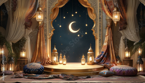 Ramadan product display podium background, Arabian nights, golden podium, rich silk fabrics, lanterns, ornate archway with crescent and star motifs, luxurious Arabian feel, ad, podium platform