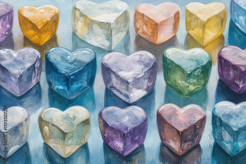 Colorful Heart-Shaped Ice Cubes on a Reflective Surface Background Colorful Heart-Shaped Ice Cubes on a Reflective Surface Background