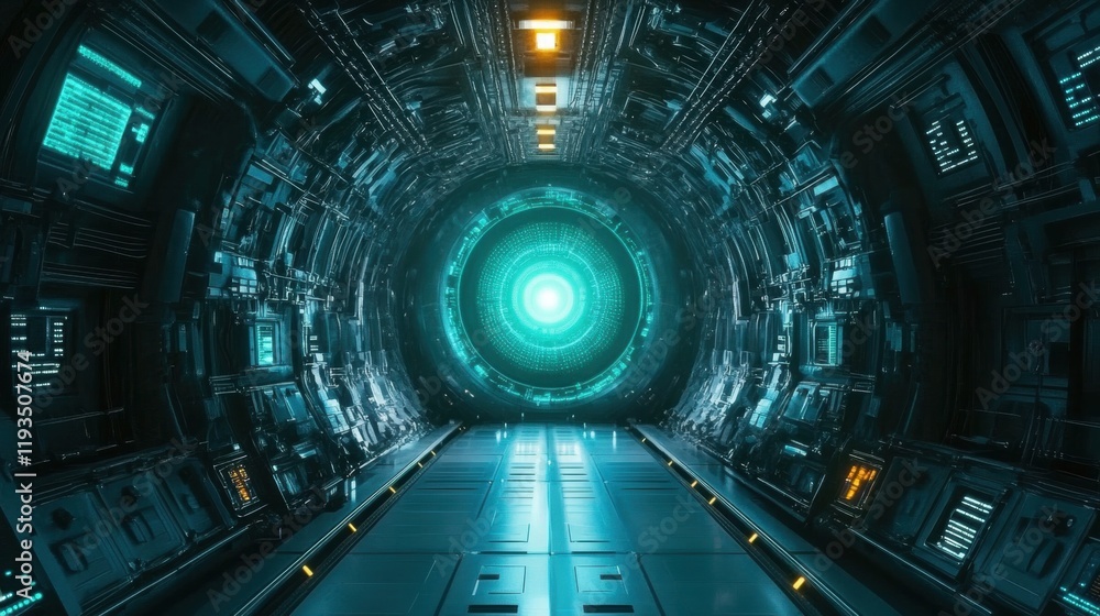 Futuristic Sci-Fi Tunnel with Glowing Portal and High-Tech Components Futuristic Sci-Fi Tunnel with Glowing Portal and High-Tech Components