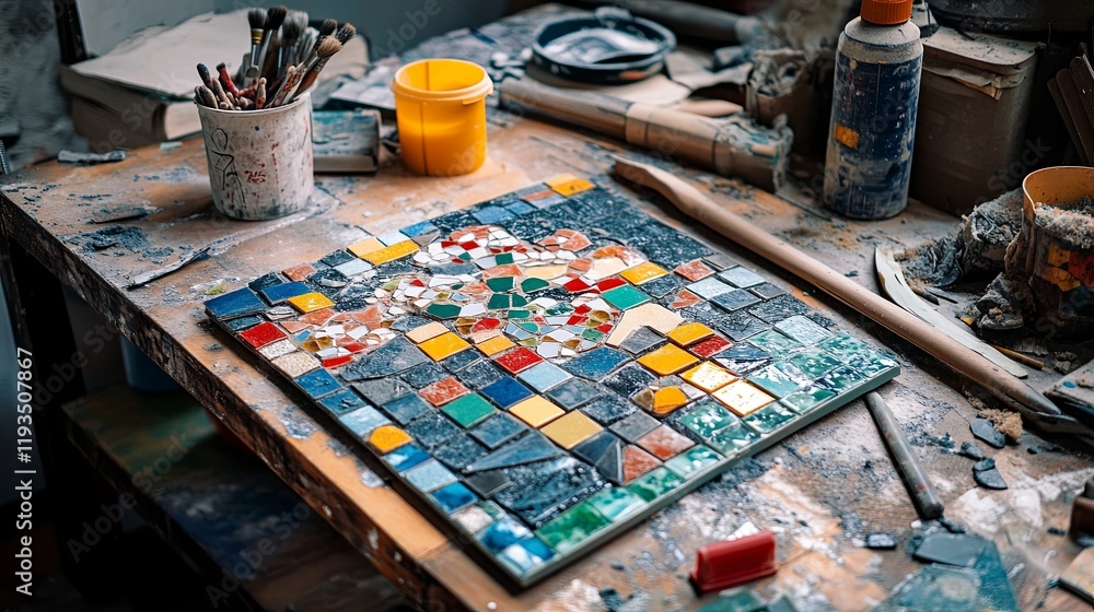 A mosaic art setup with tiles, glue, and a pattern partially completed A mosaic art setup with tiles, glue, and a pattern partially completed