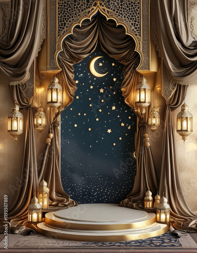 Ramadan product display podium background, Arabian nights, golden podium, rich silk fabrics, lanterns, ornate archway with crescent and star motifs, luxurious Arabian feel, ad, podium platform