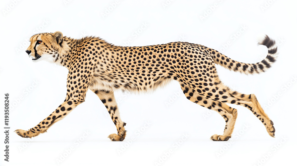 Side view portrait of full body length cheetah isolated on white background. safari africa wildlife wilderness nature wild cat predator animal with black spots, spotted exotic hunter, fast,speed. Side view portrait of full body length cheetah isolated on white background. safari africa wildlife wilderness nature wild cat predator animal with black spots, spotted exotic hunter, fast,speed.