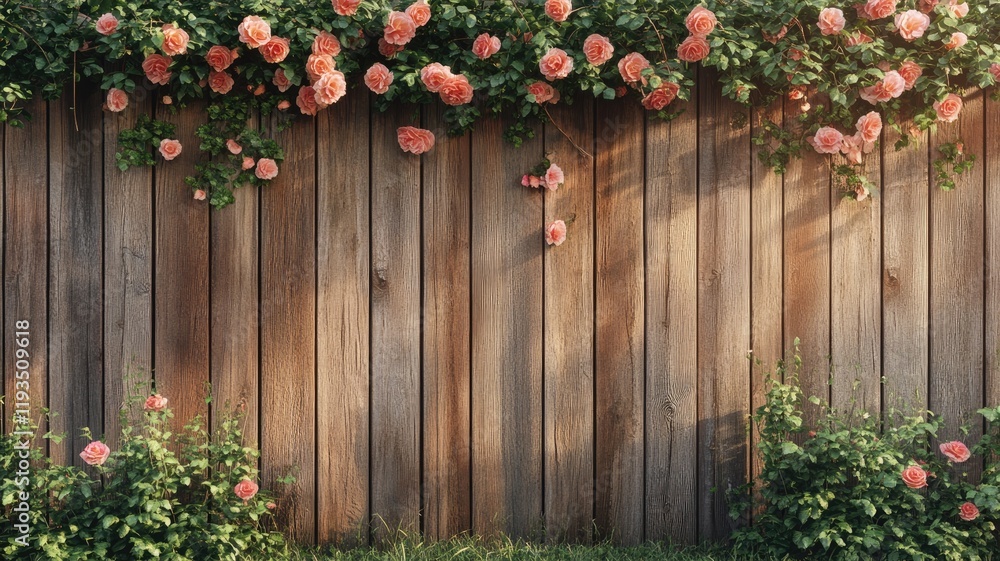 Naklejka premium Wooden fence adorned with blooming pink roses in garden setting