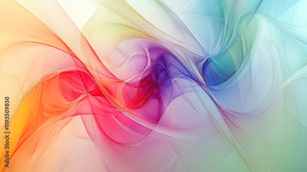 An abstract composition featuring swirling curves and flowing lines in a vibrant palette of colors, including red, pink, yellow, blue, and green. The translucent layers overlap and blend harmoniously, An abstract composition featuring swirling curves and flowing lines in a vibrant palette of colors, including red, pink, yellow, blue, and green. The translucent layers overlap and blend harmoniously,
