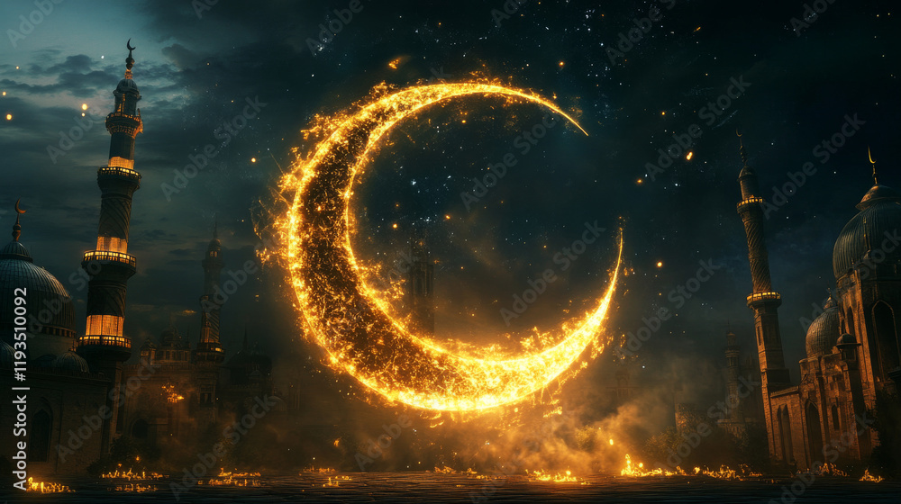 Obraz premium Hologram Of Islam. Holographic projection of the Islamic Crescent. Flickering energy flux of particles. Scientific design religion.