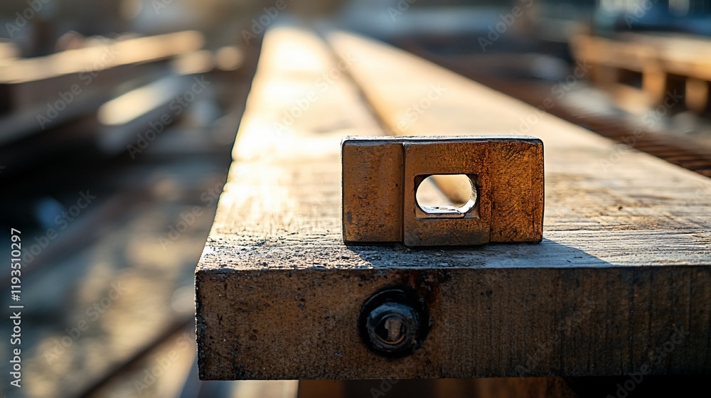 Metal Block Resting On A Wooden Beam Outdoors Metal Block Resting On A Wooden Beam Outdoors
