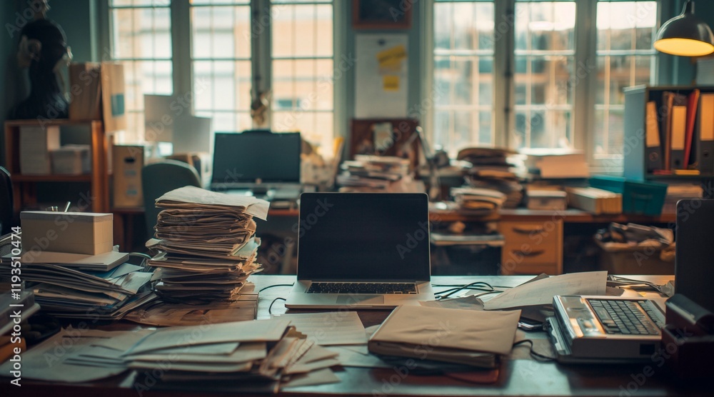 Cluttered Office Space with Laptop and Stacks of Paperwork Cluttered Office Space with Laptop and Stacks of Paperwork