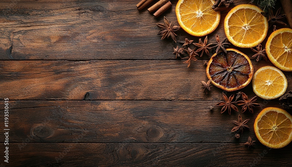Close-up of mulled wine with spices and slices of orange, set on a wooden background that adds a rustic touch to the holiday beverage. Close-up of mulled wine with spices and slices of orange, set on a wooden background that adds a rustic touch to the holiday beverage.