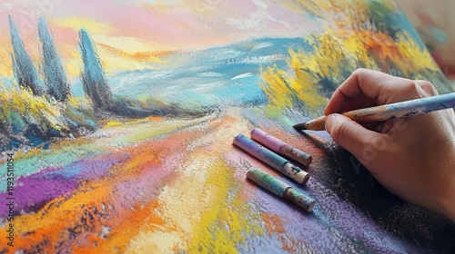 A pastel art station with a vivid drawing of a landscape on a textured canvas