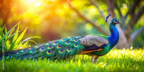 Hawaiian Peacock on Lush Grass - Long Exposure Photography
